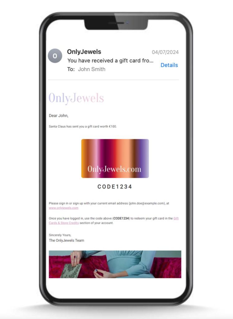 OnlyJewels Gift Card Email example.